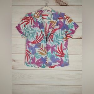 Jackson Square L Shirt Woman’s Vintage Colorful Leaves Button Up Short Sleeve